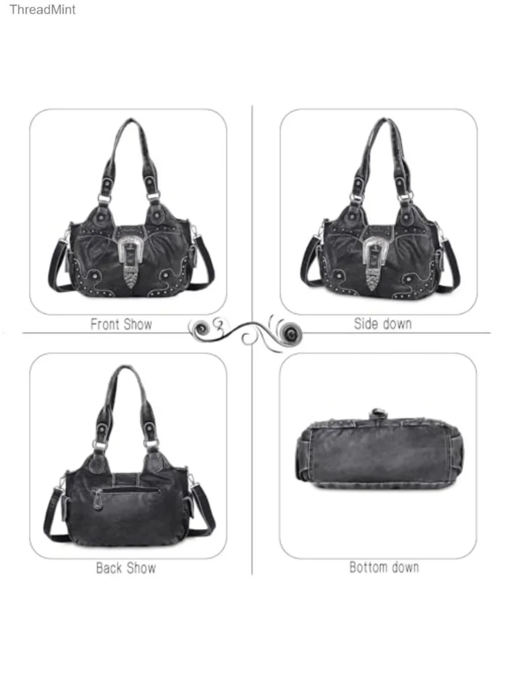 Women's Vegan Leather Hobo Handbag with Metal Studs, Adjustable Crossbody Strap